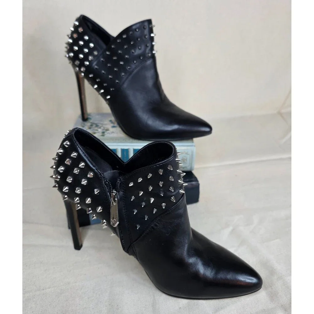 Sam Edelman Wally Studded Leather Ankle Booties Black Pointed Toe Heels 7.5